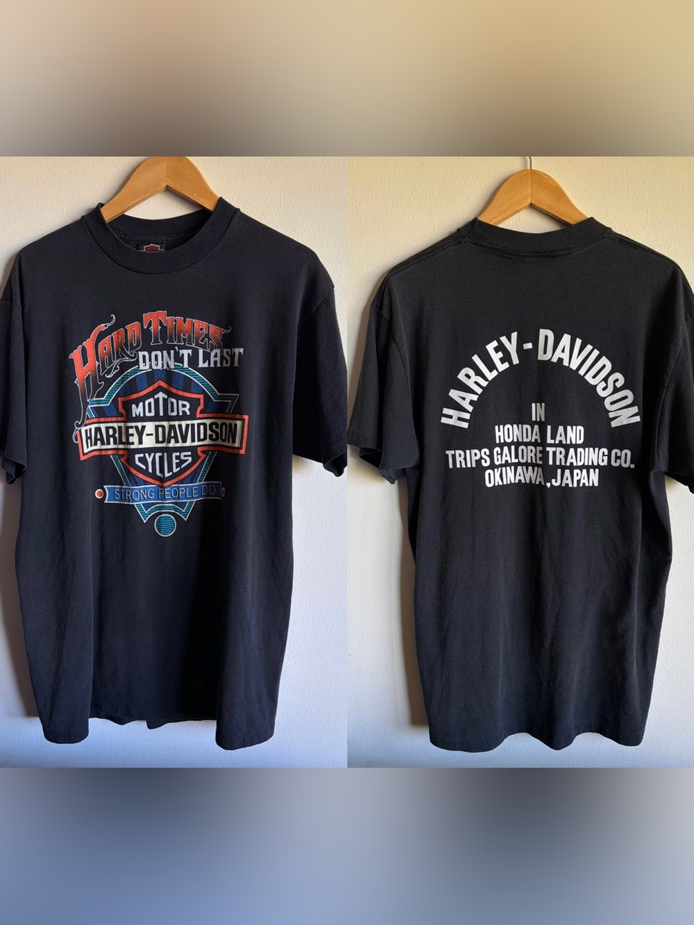 Vtg 91’ Harley Davidson Okinawa Japan “Hard Times Don't Last” 3D Emblem Shirt